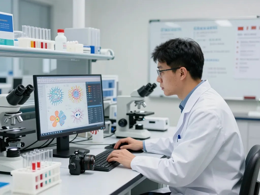 Scientist analyzing neurodegenerative disease data on a computer at https://nddo.org in a bright research lab.