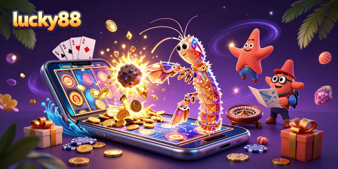 Spin the lucky88 reels with vibrant gems and coins erupting in this 3D casino adventure illustration.
