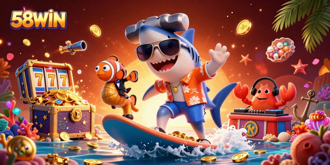 Engage with 58WIN's vibrant casino scene featuring a hammer-head shark surfing on gold coins amidst lively game elements.