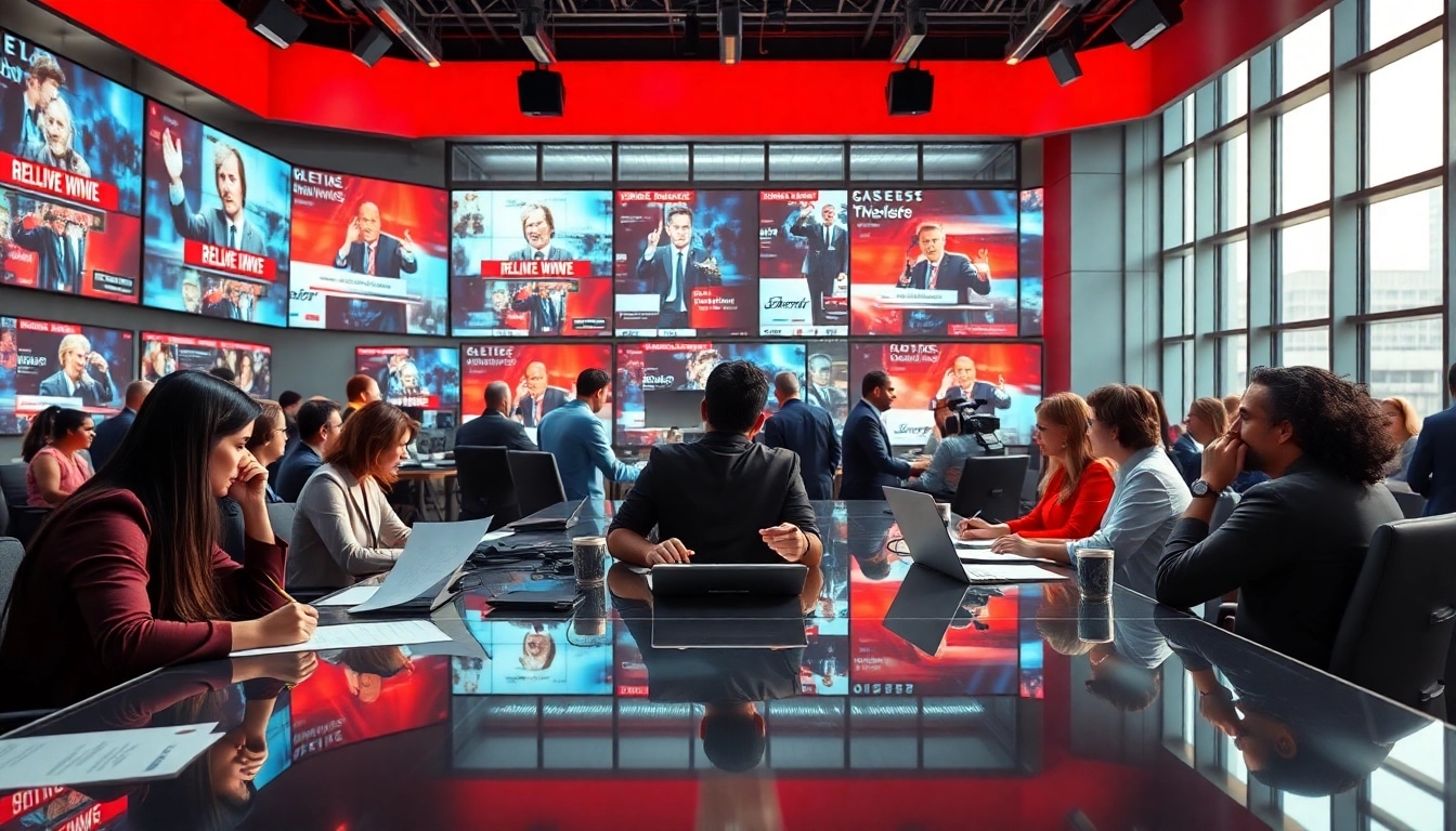 Journalists reporting breaking news in a vibrant newsroom setting.