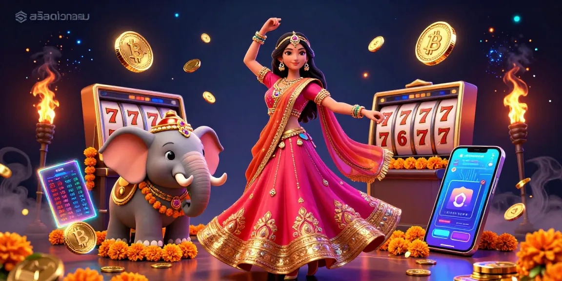 Engage with สล็อตทดลอง and experience vibrant casino dynamics featuring an elegant Asian woman alongside a bejeweled elephant.