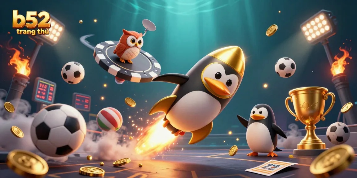 Win big with b52 trang chủ as a golden penguin zooms past a casino space station!