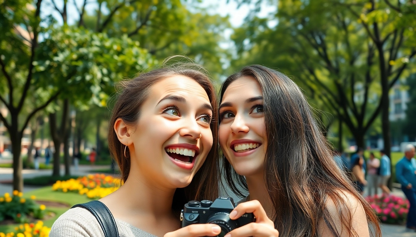 Face swap of two friends laughing in an urban park with vibrant colors.