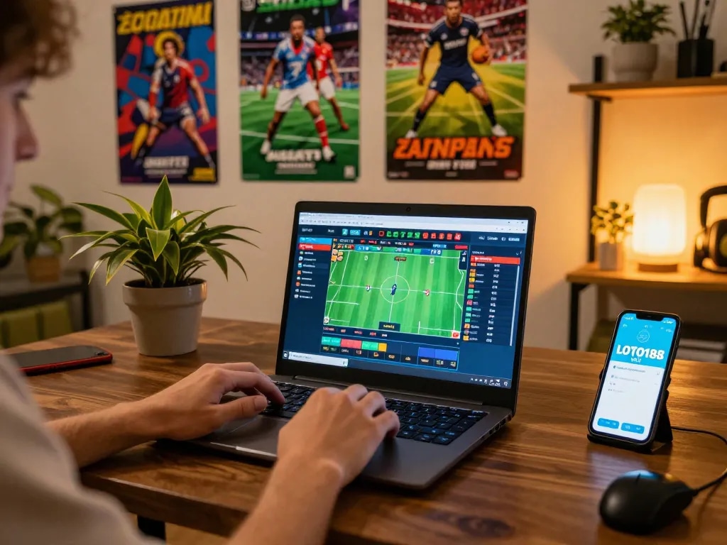 Engaging with LOTO188 LINK MỚI through sports betting on a laptop, showcasing excitement and strategy.