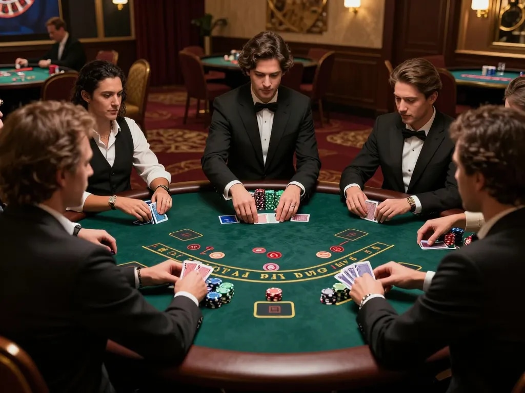 Exciting blackjack gameplay at a luxurious casino, players engaged in strategic decisions, 주소모음 displayed prominently.