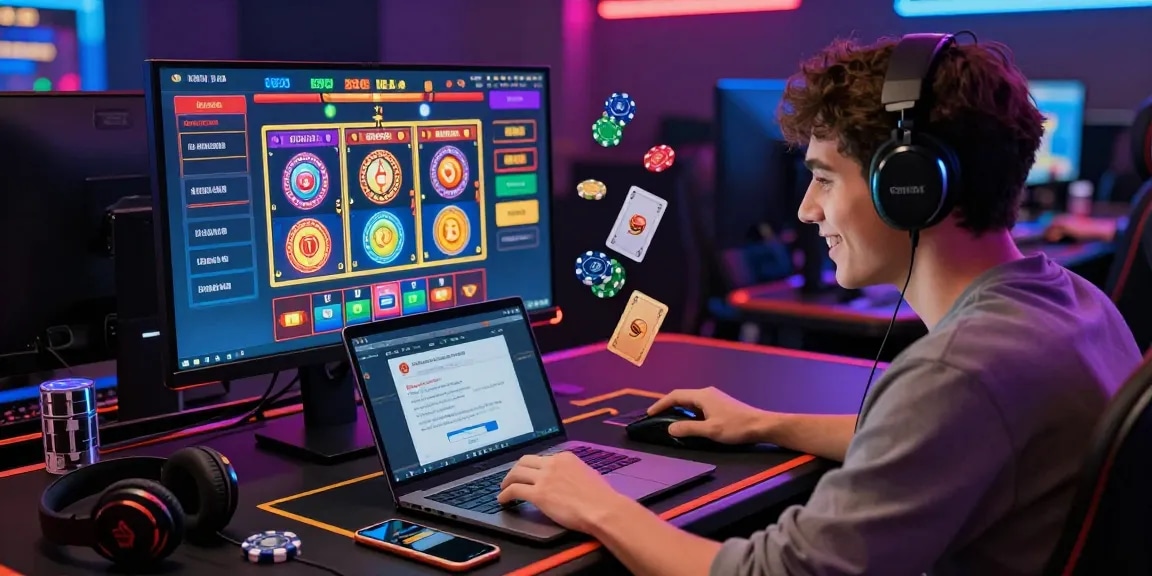 Engaged player at a credit card casino, using a laptop to deposit and enjoy online gaming with vibrant visuals and ambient lighting.