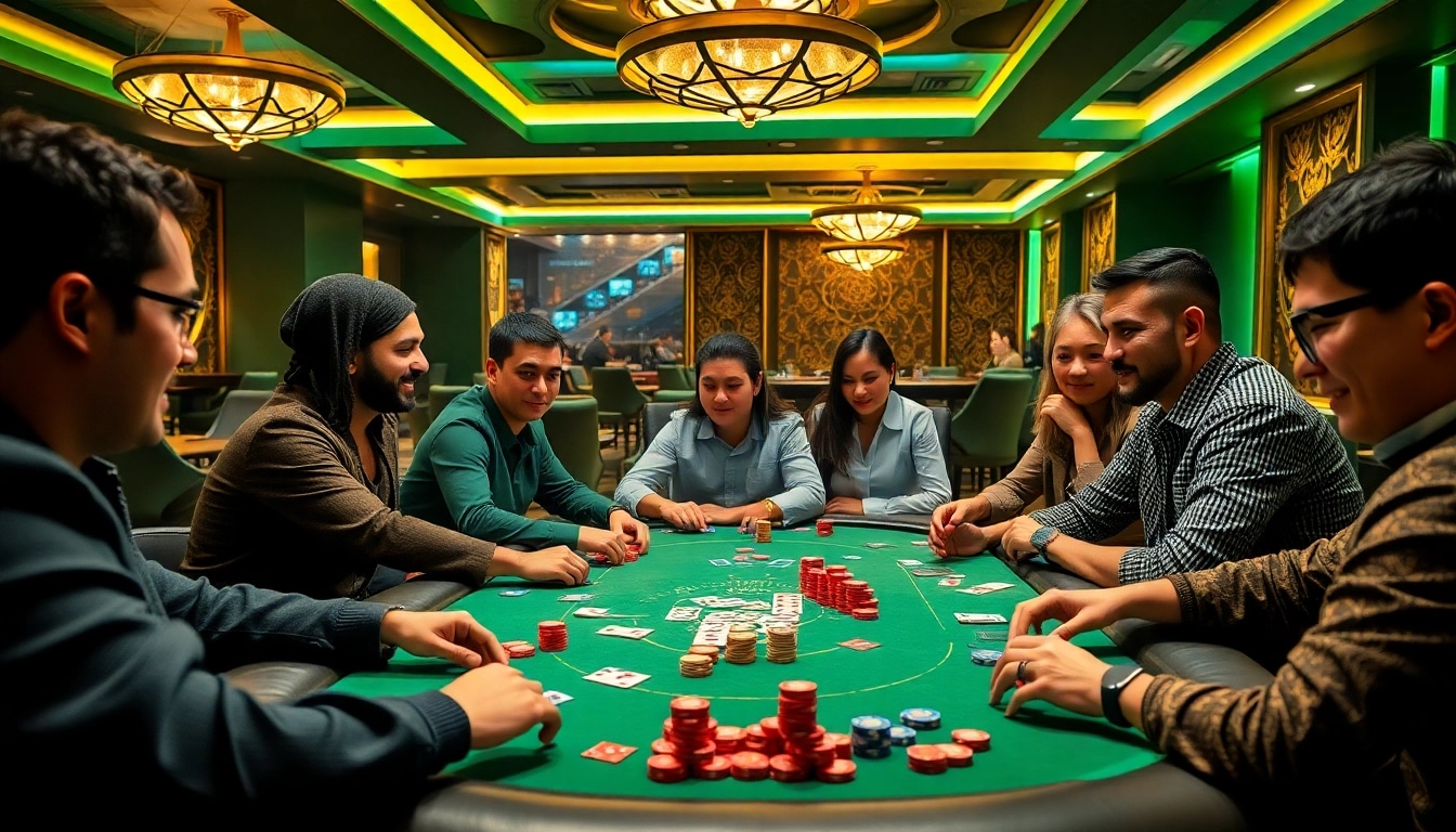 Menampilkan pemain yang fokus bermain Domino88 poker game di meja poker mewah dan modern.