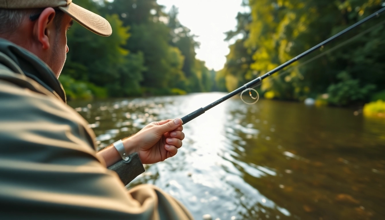 Angler casting a fly fishing line into a tranquil river surrounded by greenery.