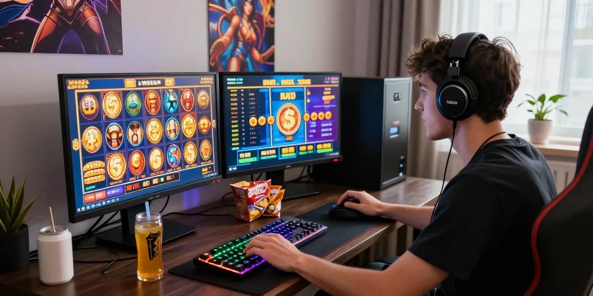 Online slot player engaged in exciting gaming experience at modern computer setup.