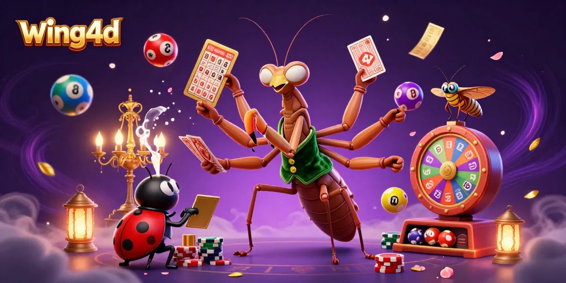 Experience the thrill of wing4d with vibrant lottery elements and playful casino characters.