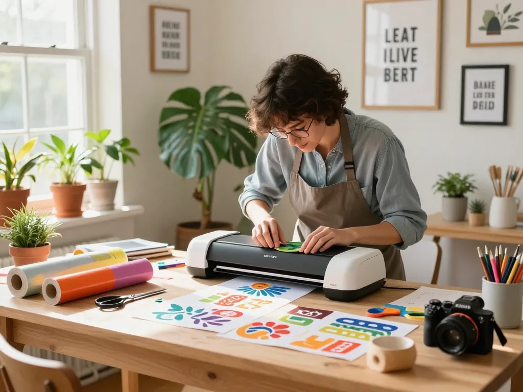 Engaging crafting session with Svg for cricut on a bright workspace, showcasing colorful vinyl and tools.