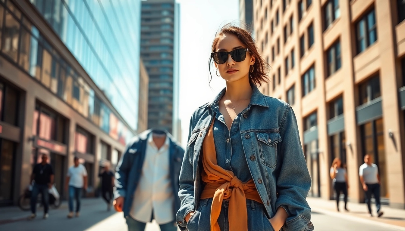 Model displaying contemporary fashion styles in an urban ambiance, emphasizing vibrant fashion.