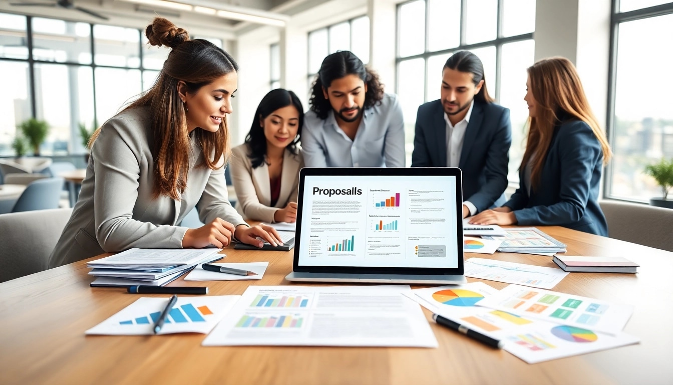 Engage in Customized Proposal Writing with professionals collaborating in a bright office.