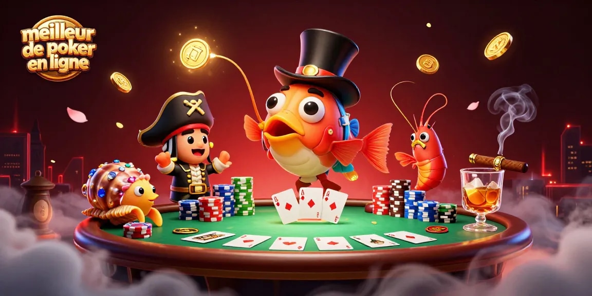 Jouer sur le meilleur site de poker en ligne avec des cartes et jetons colorés, un poisson-lanterne séduisant les pièces d'or.