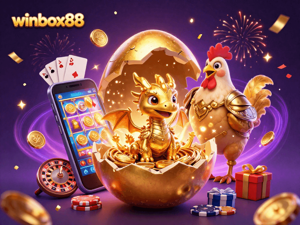 Experience the adventure of winbox88 with a golden dragon and casino elements in a vibrant scene.
