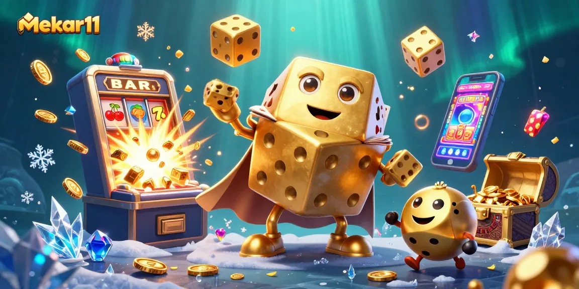 Play exciting casino games with mekar11, featuring lively animated characters, dazzling slot machines, and vibrant treasures.