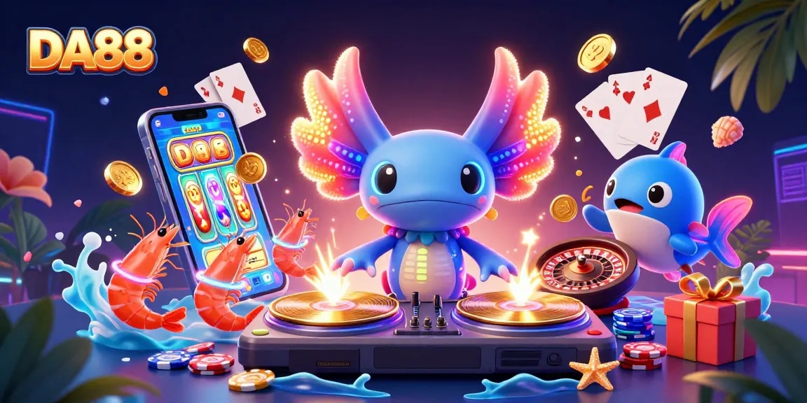 Engage in thrilling gameplay at DA88 with a vibrant DJ axolotl and dynamic casino elements.