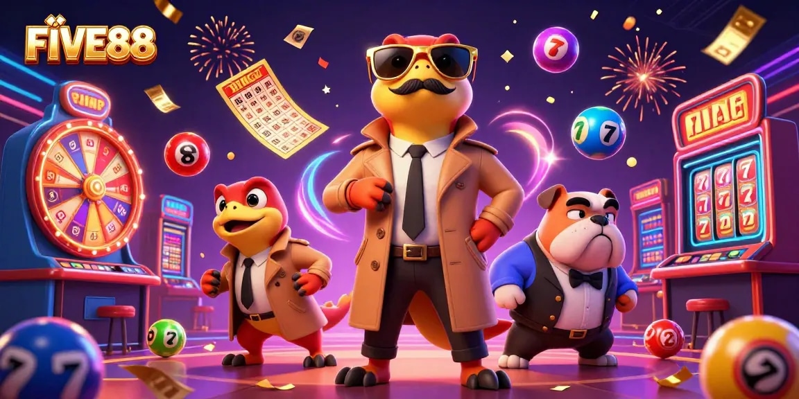 Experience the VIP thrill at FIVE88 casino with raptors in a trench coat, dynamic game elements, and a bouncer.