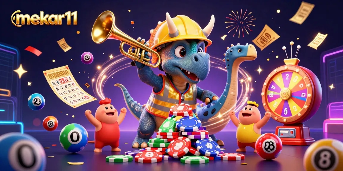 Mekar11 enhances your winning chances with lively, dynamic lottery excitement, featuring a celebratory dinosaur scene.