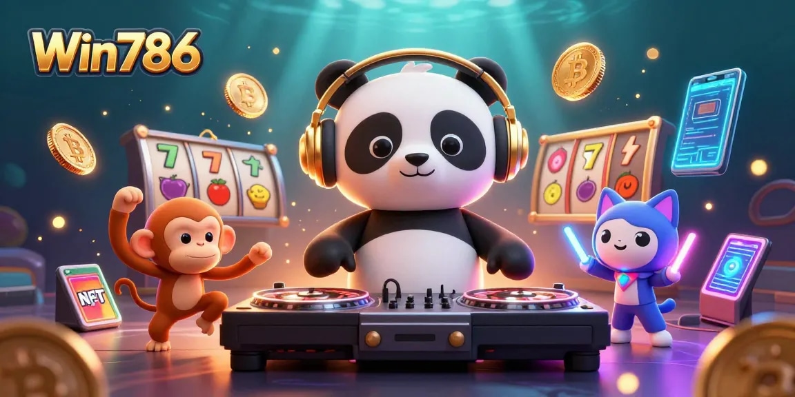 Experience Win786's thrilling casino adventures with vibrant characters amidst colorful slots and crypto elements.