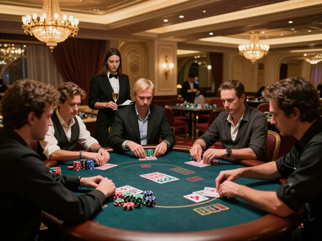 vipwin high-stakes poker game in an elegant casino setting with players and champagne