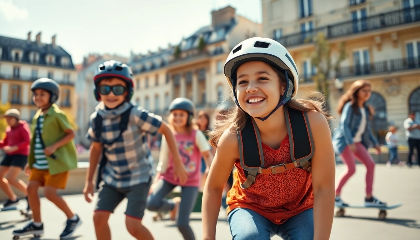 Kids enjoying Cours Skateboard Paris, showcasing skills in a vibrant skatepark setting.