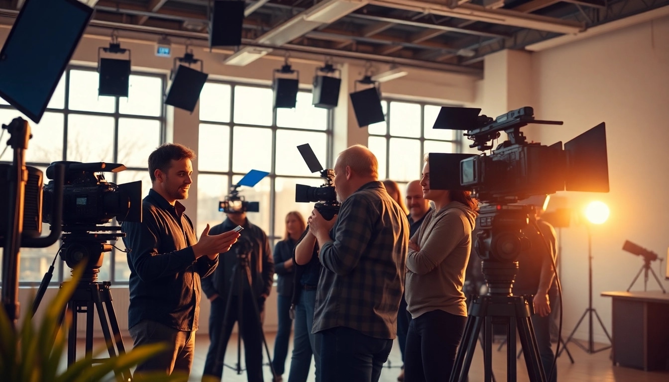 Video Production Company Calgary team collaborating creatively in a modern studio setup.