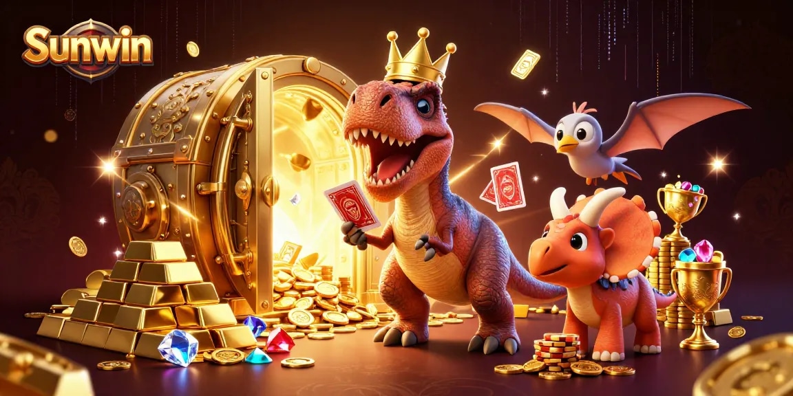 Experience exhilarating gaming at Sunwin with a fantasy illustration of playful dinosaurs in a casino.