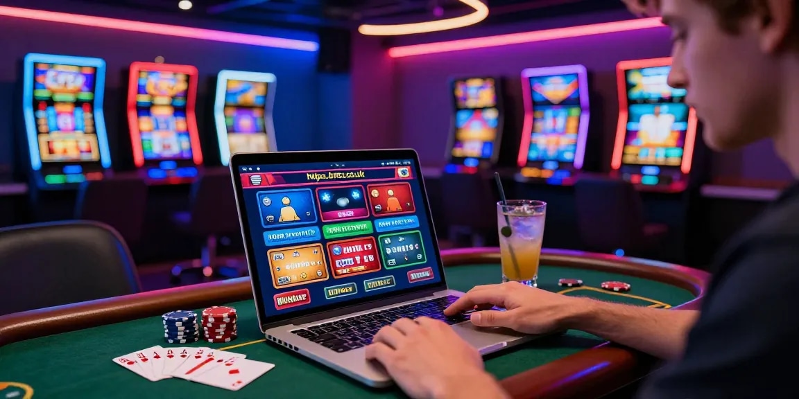 Player exploring credit card casinos at https://brcs.co.uk in a lively gaming lounge with colorful graphics and poker elements.