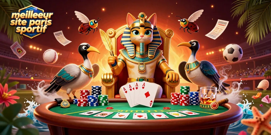 Meilleur site de paris sportif : un pharaon égyptien jouant aux jeux de hasard entouré d'éléments de paris sportifs.