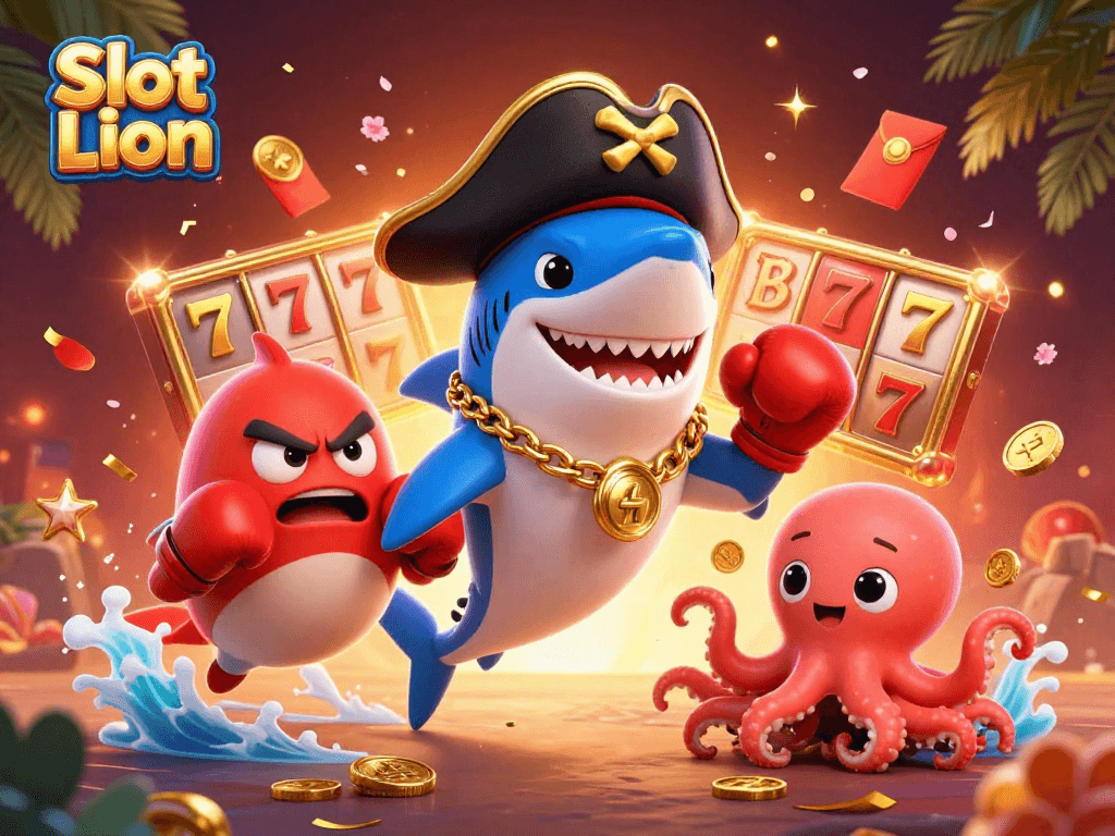 Win big with Slot Lion through exciting bonuses and engaging casino action in a colorful scene.