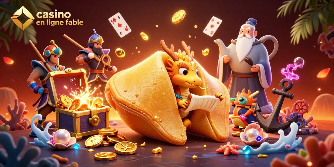 Jouer au casino en ligne fiable avec une illustration vibrante de dragons et de fortune cookies.