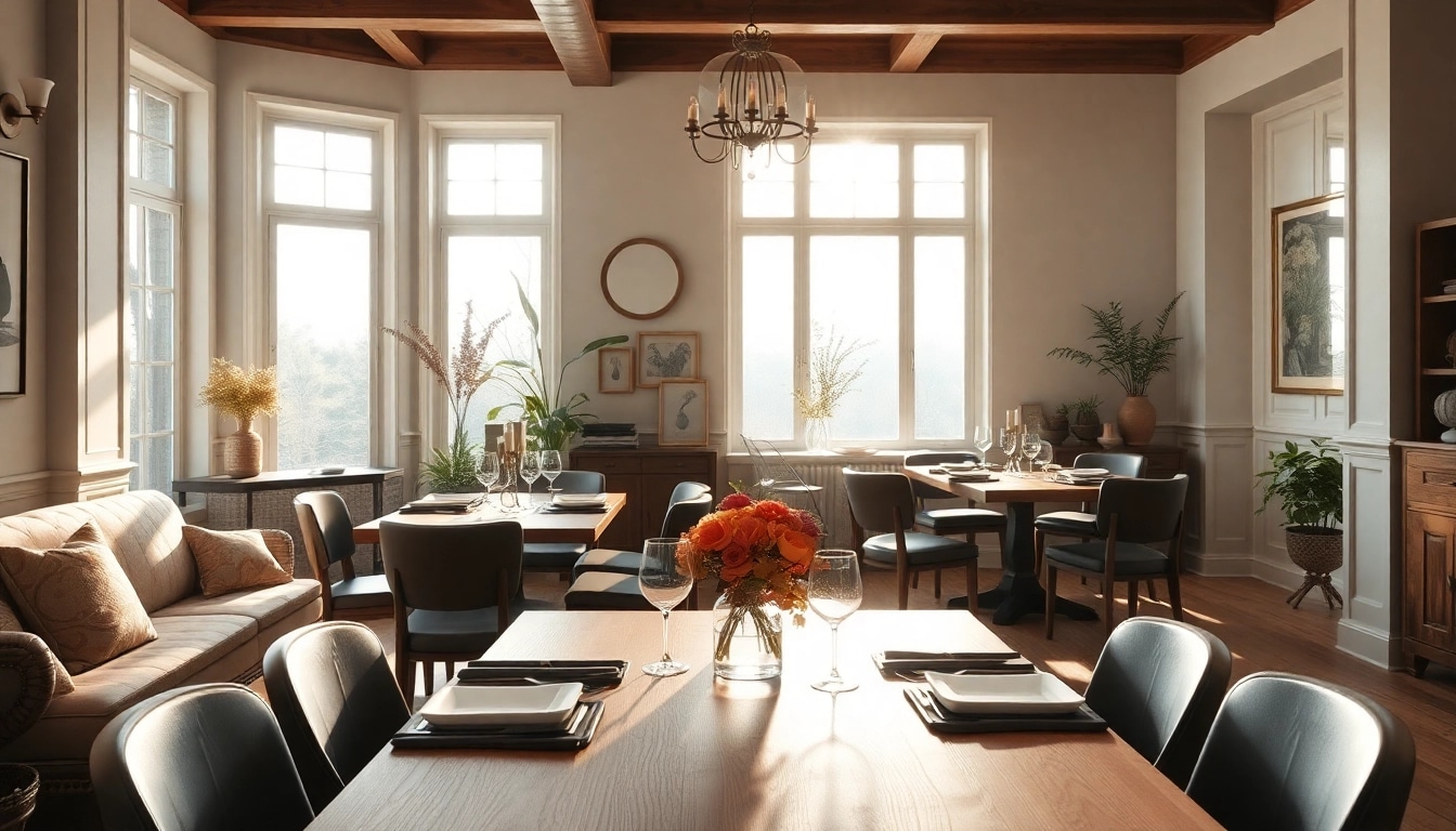 Showcase stylish dining tables surrounded by tasteful decor in a welcoming atmosphere.
