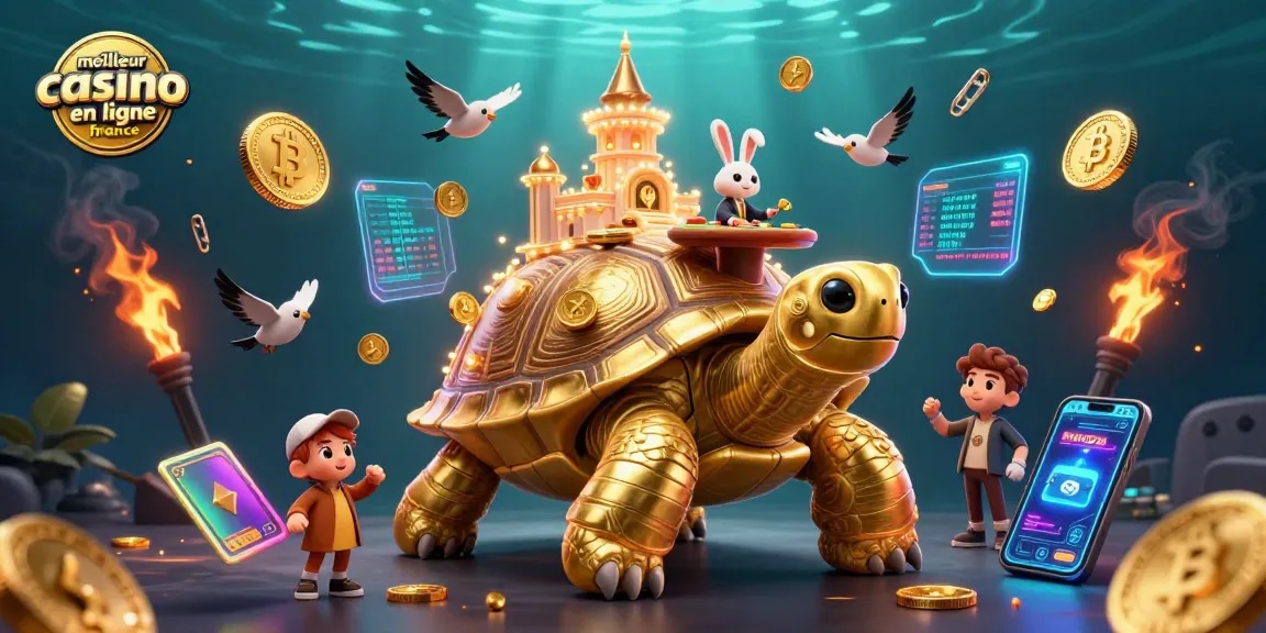 Illustration dynamique du meilleur casino en ligne France avec une tortue géante, un croupier et des pièces d'argent flottantes.