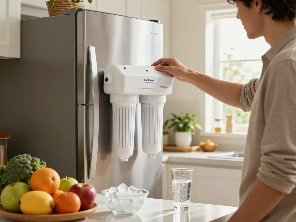 Homeowner installing Waterdrop DA97-17376B Replacement for Samsung® HAF-QIN Refrigerator Water Filter in a bright kitchen.