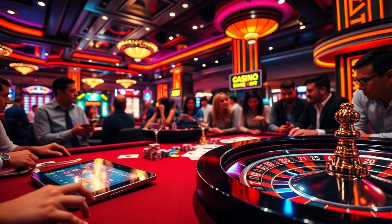 Experience the thrill of trực tiếp bóng đá with lively players at a casino poker table, vibrant chips and cards in play.