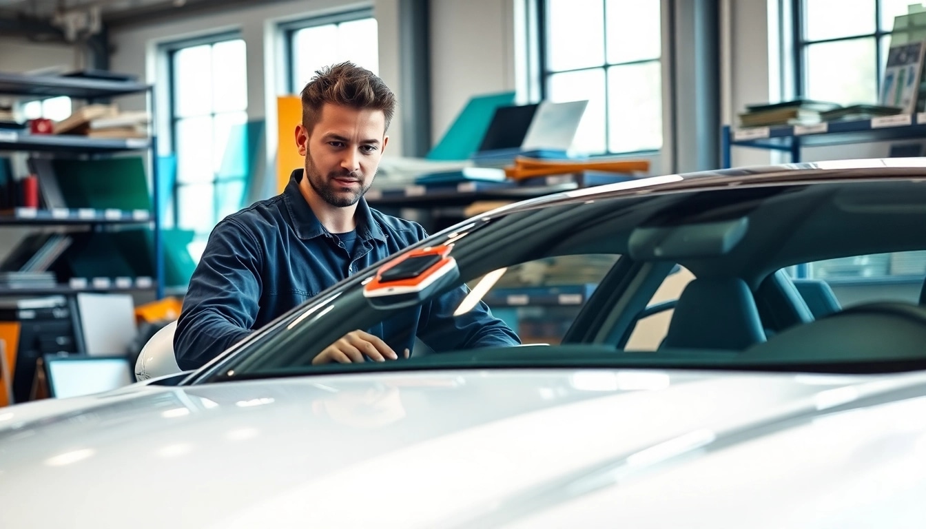 Windshield replacement Denver technician skillfully installing auto glass in a modern shop.