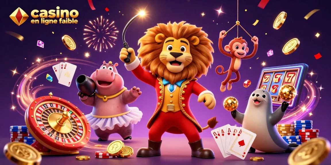 Illustration dynamique d'un lion dompteur et animaux de cirque, promouvant un casino en ligne fiable.
