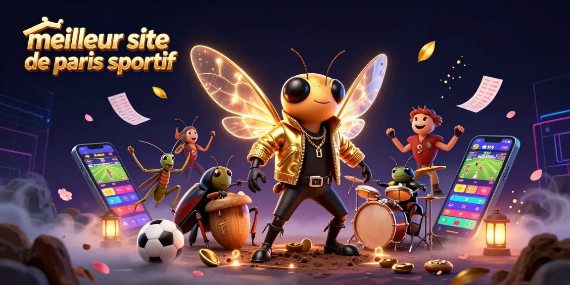 Meilleur site de paris sportif avec une illustration d'une cicada rock star et un batteur, entourés d'éléments de paris sportifs dynamiques.