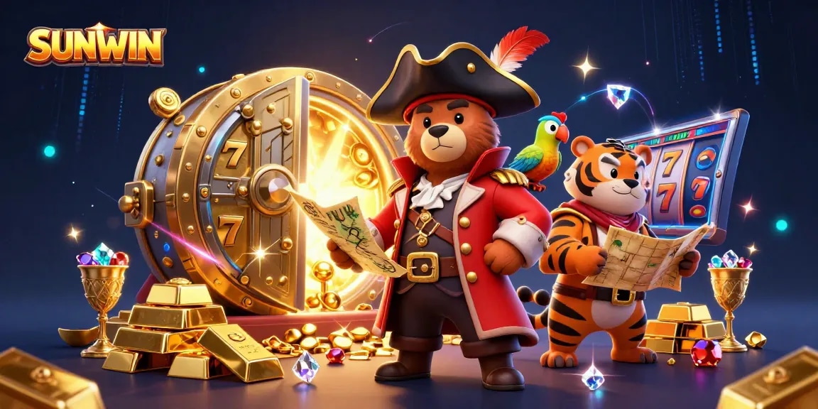 SUNWIN players enjoy a treasure-filled 3D casino scene with vibrant jackpots and exciting characters.
