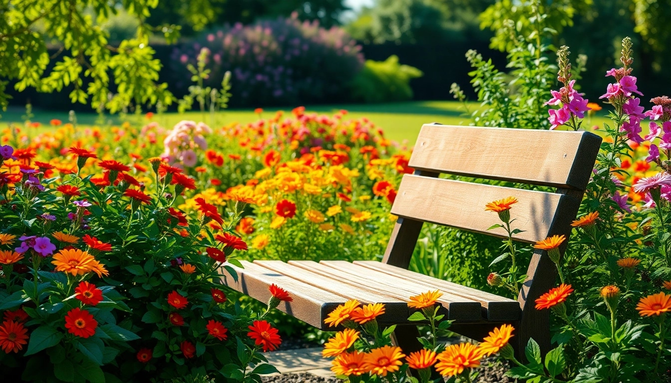 Gardening scene with colorful flowers and a serene garden bench in a vibrant landscape.