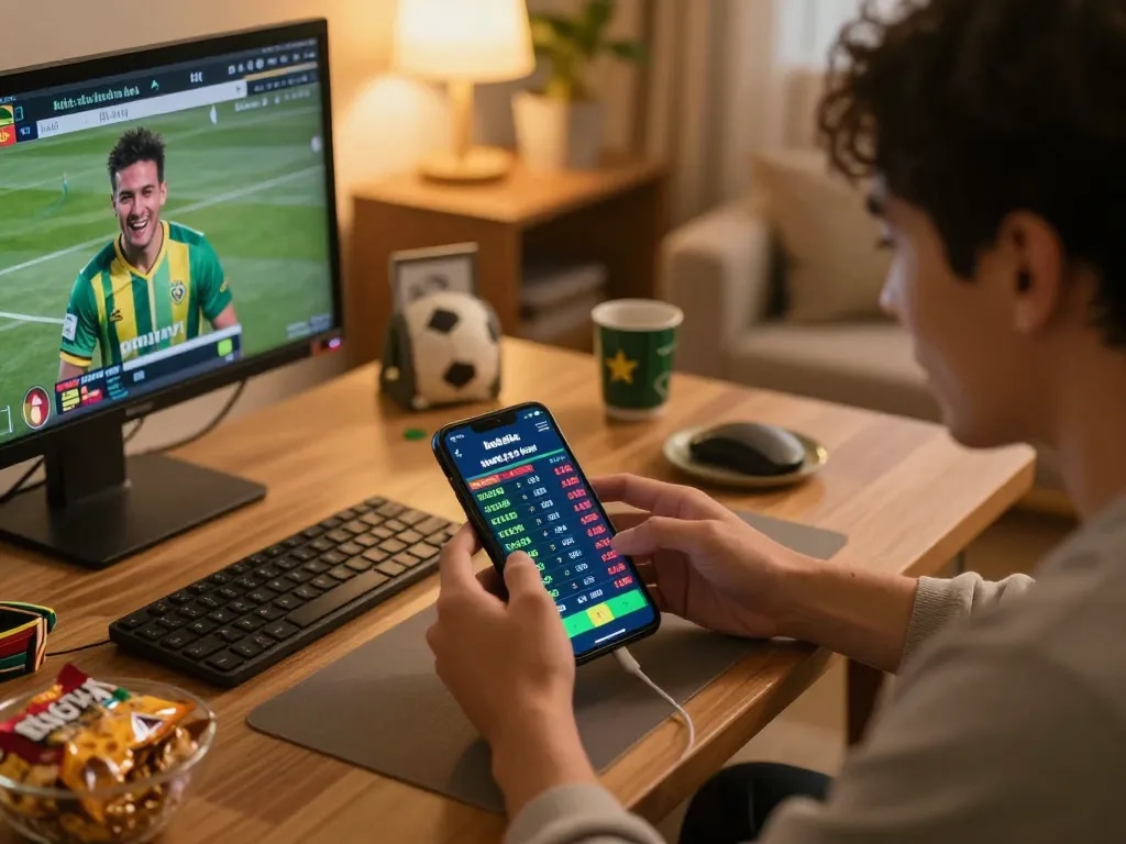 Bóng đá lu betting enthusiast analyzing odds and live scores in a cozy home setting