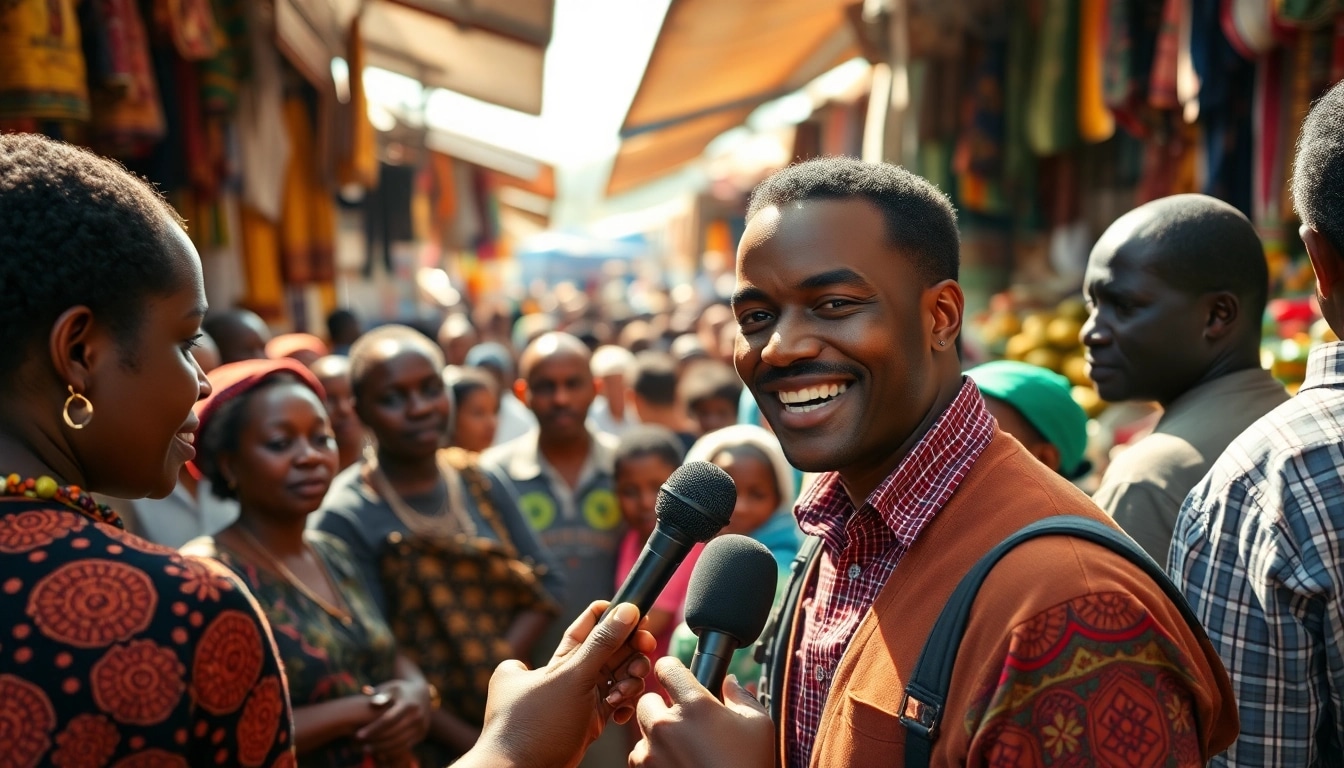 Engaging scene of Kenya News Today being reported in a bustling Nairobi market.