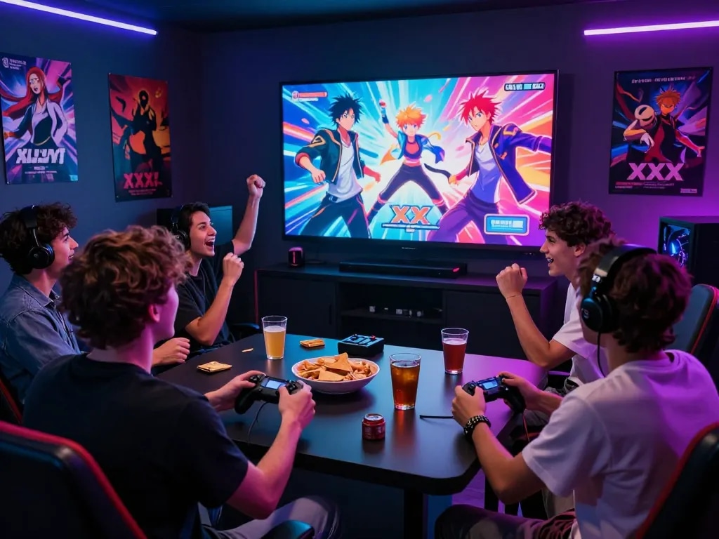 Friends enjoying an exciting xxx game together on a large screen, vibrant colors and engaging gameplay create a lively gaming atmosphere.