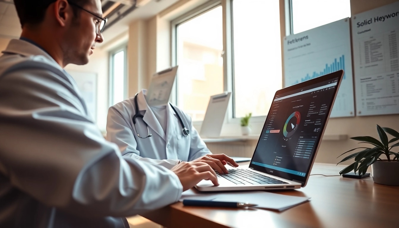 SEO für Ärzte: Doctor analyzing digital marketing strategies in a modern clinic setting.