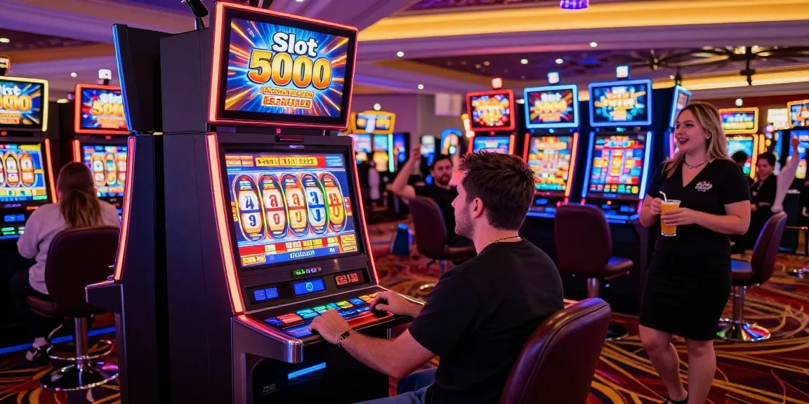 Exciting Slot 5000 high-stakes casino experience with vibrant atmosphere and cheering players.
