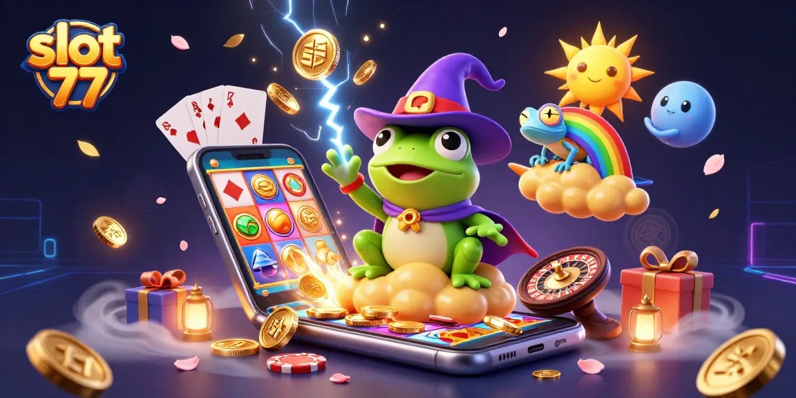 Experience slot 77 excitement with golden coins, vibrant characters, and captivating game elements.