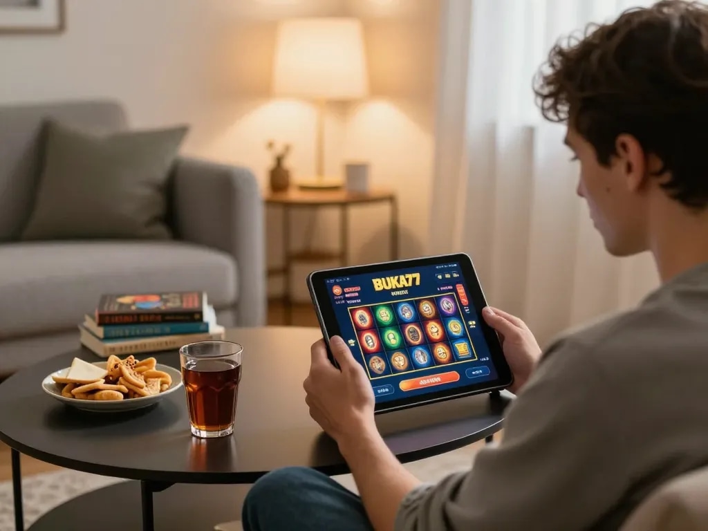 Engaging moment of gameplay on BUKA77 app showcasing exciting slot options in a cozy home setting