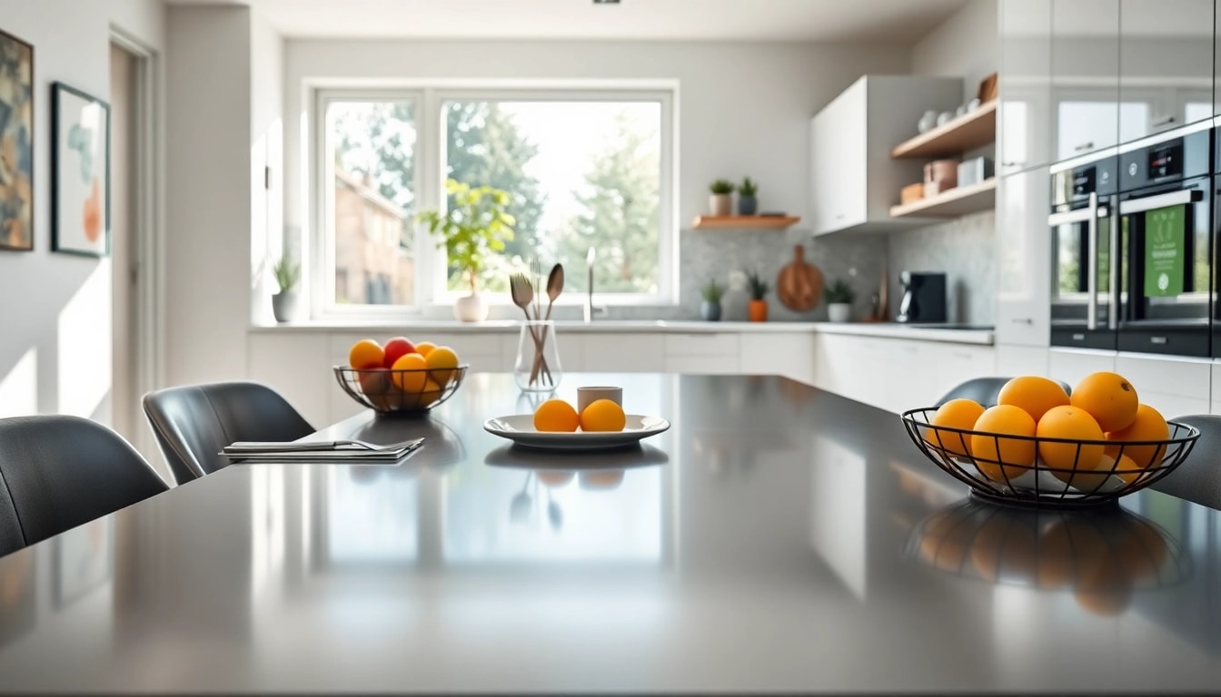 Create an inviting dining setup featuring a steel table for kitchen adorned with fresh fruits and stylish kitchen utensils.