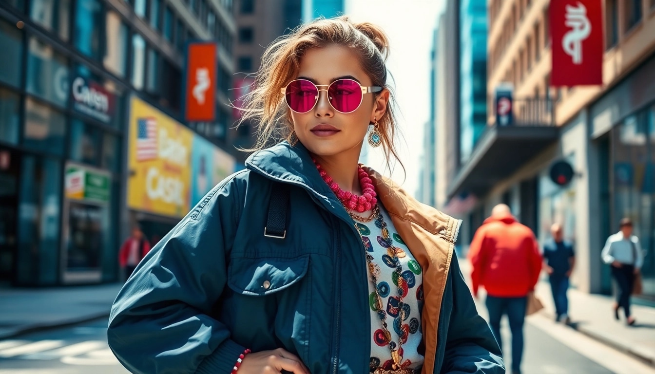 Fashion model showcasing trendy outfits against a lively urban backdrop.